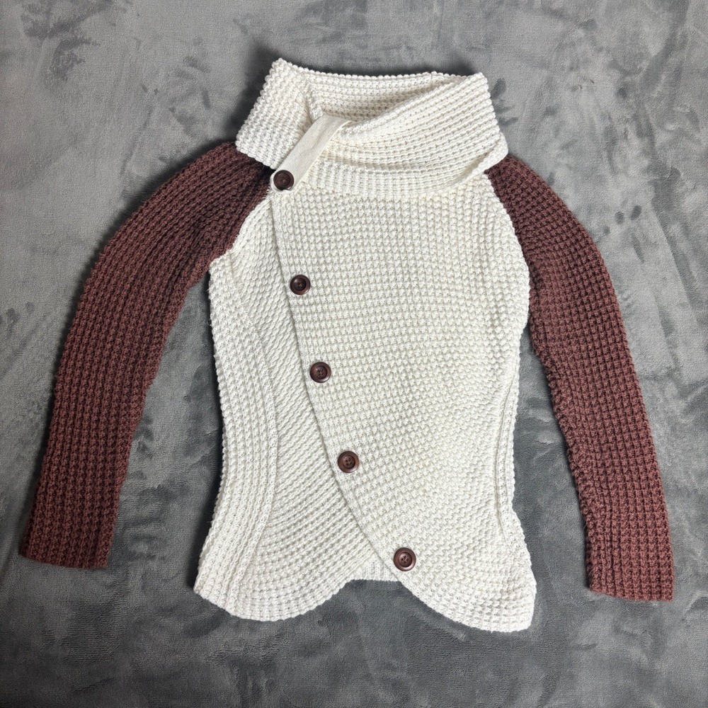Waffle Knit Asymmetrical Button Wrap Cowl Neck Sweater Colorblock Après Ski Cozy